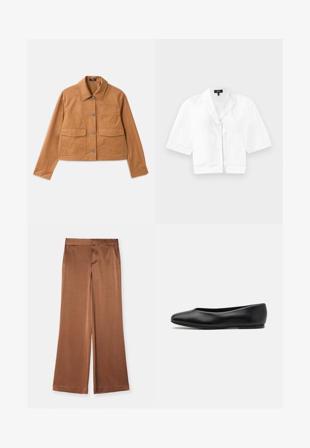 Hnědá zkrácená bunda vyrobená z odolného materiálu, s límečkem, zapínáním na knoflíky, dvěma předními kapsami a strukturovaným povrchem.; Bílá zkrácená košile s krátkým rukávem a klopovým límcem, která má jemný texturovaný steh podél spodního okraje a hladký povrch látky.; Hnědé široké kalhoty vyrobené z saténu, s bočními kapsami, hladkou texturou a tvarovaným pasem pro strukturovaný střih.; Paul Smith TOPANGA - Klasické baleríny  - black