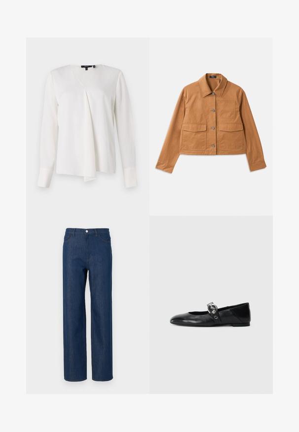 Giacca cropped marrone realizzata in materiale resistente, con collo a camicia, chiusura con bottoni, due tasche frontali e una finitura testurizzata.; Camicia bianca a maniche lunghe con scollatura a V, caratterizzata da un davanti drappeggiato, una texture liscia e polsini strutturati. Stile semplice e versatile.; Jeans in denim blu scuro con gamba dritta, design a cinque tasche, chiusura con bottone argentato e dettagli di cucitura discreti sulle tasche.; Ballerine in pelle nera con punta appuntita, dotate di una fascia con una fibbia metallica circolare e suola piatta.