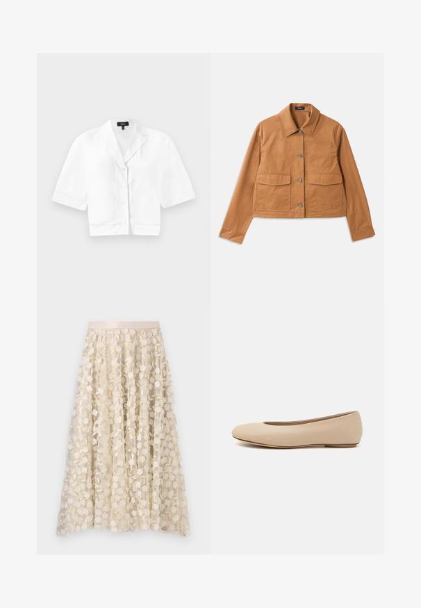 Hnědá zkrácená bunda vyrobená z odolného materiálu, s límečkem, zapínáním na knoflíky, dvěma předními kapsami a strukturovaným povrchem.; Bílá zkrácená košile s krátkým rukávem a klopovým límcem, která má jemný texturovaný steh podél spodního okraje a hladký povrch látky.; Květná výšivka na průhledné sukně krémové barvy se saténovým pasem. Design obsahuje malé, jemné květiny a listy.; Béžové kožené baletní byty s kulatou špičkou, minimálním prošíváním, nízkým podpatkem a decentním logem na zadní straně. Hladký, matný povrch.