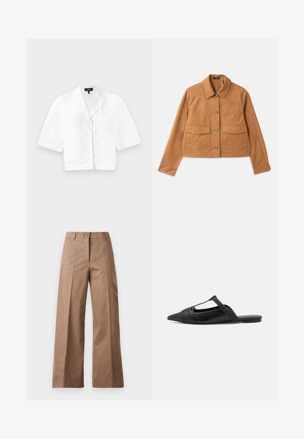 Brown cropped jacket made from durable material, featuring a collared neck, button closure, two front pockets, and a textured finish.; White cropped short-sleeve button-up shirt with a pointed collar, featuring a subtle textured stitch along the hem and a smooth fabric finish.; Brown wide-leg trousers made from a smooth fabric, featuring a front button closure, two front pockets, and clean, tailored lines.; Black leather slingback shoe with a pointed toe, featuring a woven accent and pleated upper design. Flat sole with minimal hardware.