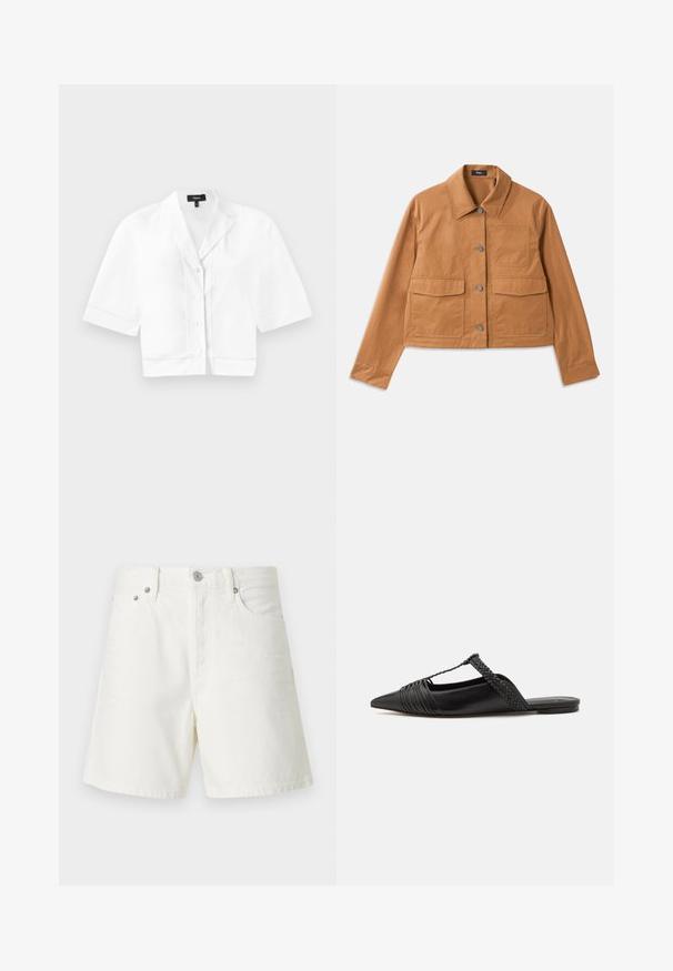 Bruine cropped jas gemaakt van duurzaam materiaal, met een kraag, knoopsluiting, twee zakken aan de voorkant en een gestructureerde afwerking.; Witte, geknipte blouse met korte mouwen en knoopsluiting, met een puntige kraag, en een subtiele geperste steek langs de zoom en een gladde stoffen afwerking.; Witte denim shorts met een rechte snit, vijf zakken, voorste knoopsluiting, zilveren hardware en gestikte details.; Zwarte leren slingback schoen met een puntige neus, voorzien van een gevlochten accent en geplooid ontwerp aan de bovenkant. Platte zool met minimale hardware.