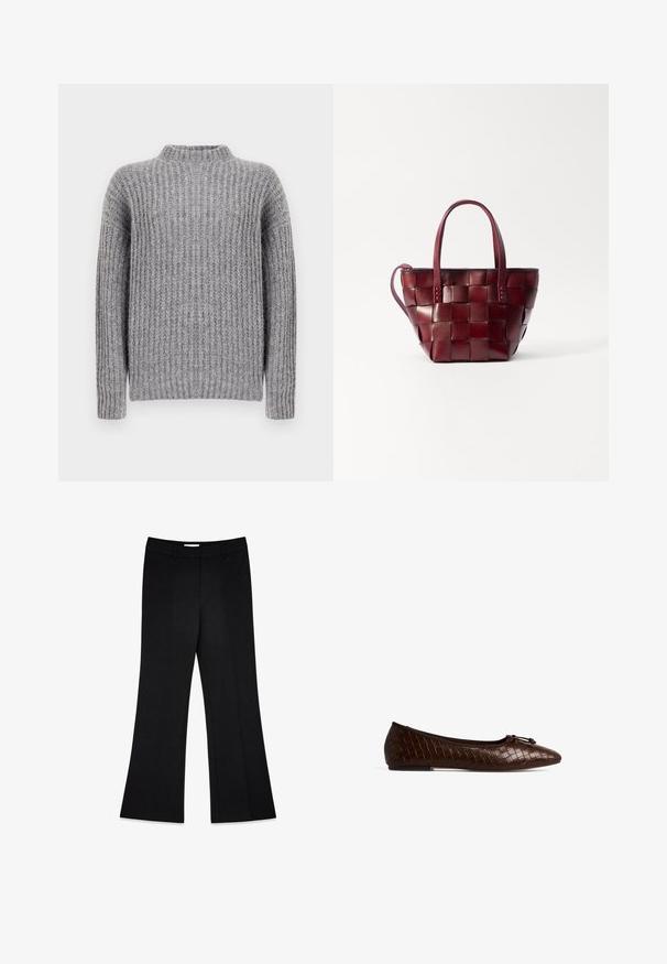 Brūns dubultā svītra garais mētelis, izgatavots no teksturēta auduma. Tam ir plecu epauleti, sasietais vidukļa jostas un pogātas aproces.; Pelēks adīts džemperis ar augstu kaklu, vertikālām ribām un garām piedurknēm, ar mīkstu apdari un nedaudz plašāku ķermeņa formu.; Melni izsvītroti bikses ar gludu tekstūru, divām priekšējām krokām un vidēji augstu jostasvietu, paredzētas pielāgotai piegulšanai.; Brūna austā ādas baleta kurpe ar noapaļotu purngalu, dekoratīvu loku un plakanu zoli. Tekstūrā ir smalks rakstu elements.; Austu sarkano vīna krāsas ādas somu ar divām īsām rokturiem un noņemamu plecu siksnu. Iezīmējas ar strukturētu formu un gludu tekstūru.