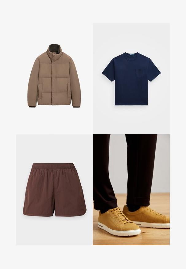 Brown puffer jacket with a high collar, featuring a quilted design, two side pockets, and dark fabric accents near the collar.; Navy blue cotton t-shirt with a crew neckline, short sleeves, and a left chest pocket. Smooth texture with a classic fit.; Brown lightweight shorts with an elastic waistband and side pockets. Features a smooth, slightly wrinkled texture. No visible patterns or accents.; Yellow ribbed sneakers with white soles, featuring round toe, lace-up design, and textured surface, worn with black cuffed pants on wooden floor.