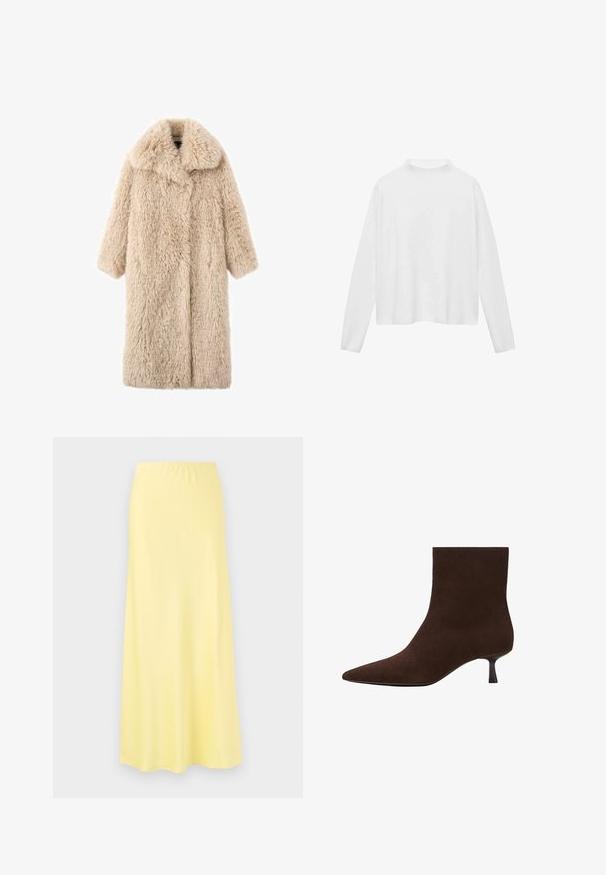Béžový kabát z umělé kožešiny s širokým límcem, širokými krátkými rukávy a měkkým, texturovaným povrchem. Obsahuje přední zapínání a žádné viditelné kovové prvky.; Bílá dlouhá halenka s vysokým výstřihem. Měkká tkanina, volný střih a postranní rozparky. Hladká textura bez vzorů nebo ozdob.; Žlutá sukně po kolena vyrobená z hladké tkaniny s elastickým pasem, s rozšířeným střihem a bez viditelných vzorů nebo kovových prvků.; Hnědá kotníková bota z broušené kůže s špičatou špičkou a štíhlým nízkým podpatkem. Hladký povrch, bezešvý design a nenápadný obrys.