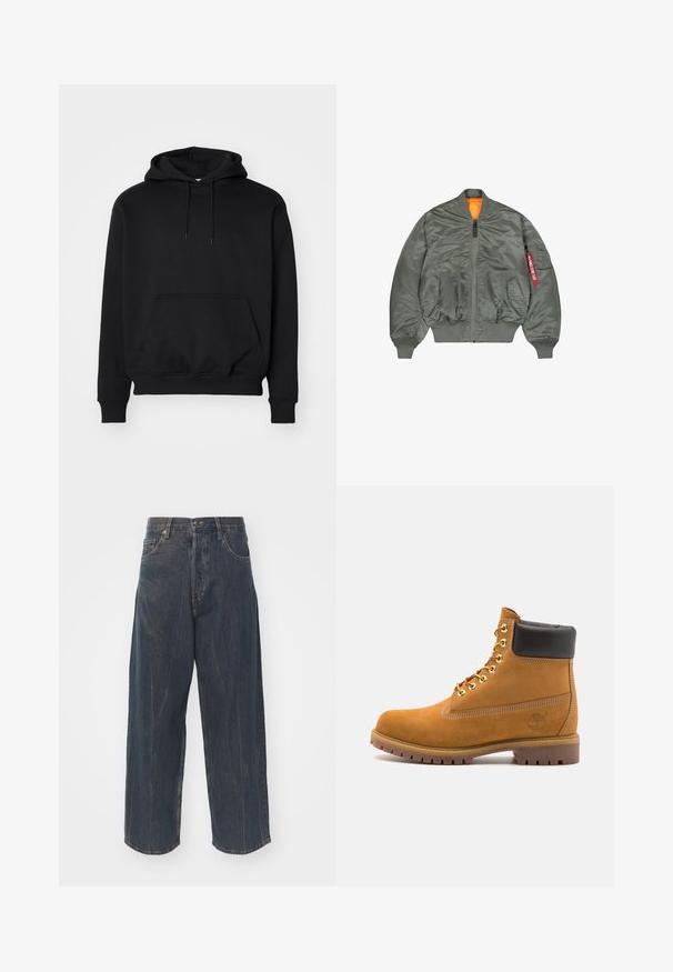Green bomber jacket with ribbed cuffs and hem, front zipper, two front snap pockets, orange inner lining, and zipped sleeve pocket with a red tag.; Black pullover hoodie made of soft cotton blend, features a kangaroo pocket, drawstring hood, ribbed cuffs, and a relaxed fit.; Wide-leg dark blue denim jeans with subtle distressed texture, five pockets, and a classic button and zipper closure at the waist.; Tan suede ankle boot with black padded collar, gold metal eyelets, white stitching detailing, and rugged rubber sole with pronounced treads.