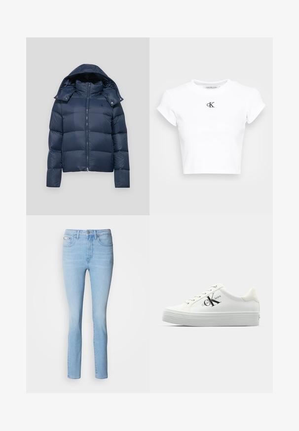 Tamsiai mėlynas pūkinis džemperis su užtrauktuku, nuimamu gobtuvu ir siuvinėjimu. Kairėje krūtinės pusėje yra logotipas ir sagčių detalės.; Balta trumpa marškinėliai, pagaminti iš raukšlėto audinio. Turi apvalų iškirpimą ir trumpas rankoves. Juodas siuvinėtas "cK" logotipas ant krūtinės.; Šviesiai mėlynos džinsinės kelnės su siauru siluetu, penkių kišenių dizainu, mygtukų uždarymu ir subtiliu išblukimu. Tiesus kirpimas ties kulkšnims.; Bustos baltos sportbačiai su lygiu sintetiniu paviršiumi, toniniais raišteliais ir juodu logotipu. Pakeltas guminis padas turi horizontalių briaunų, užtikrinančių sukibimą.