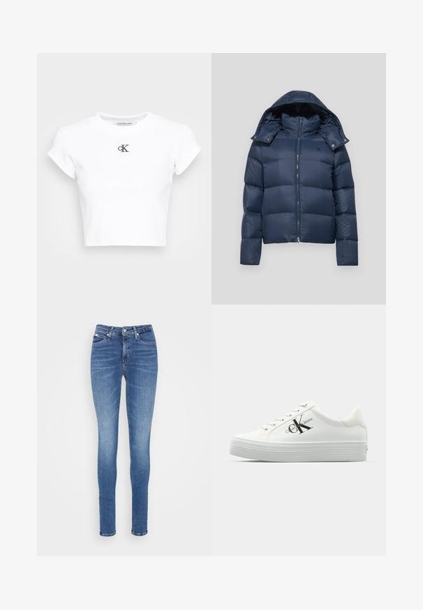 Marineblå pufferjakke med lynlås, aftagelig hætte og quiltet design. Har logo på venstre bryst og trykknaps detaljer.; Hvid cropped t-shirt lavet af ribbet stof. Har en rund halsudskæring og korte ærmer. Sort broderet "cK" logo på brystet.; Slank jeans i mellemblå denim med høj talje, glat tekstur, to forlommer og en enkelt baglomme.; Hvide platform sneakers med glat syntetisk overdel, tonede snørebånd og et sort logo. Den forhøjede gummisål har vandrette riller for bedre greb.