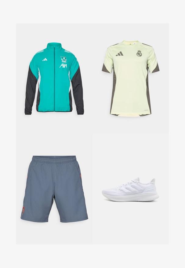 Adidas Zip-Jacke mit türkisfarbener Vorderseite, schwarzen Ärmeln, weißen Seitenakzenten und dem Liverpool FC-Logo mit AXA-Branding.; Helles grünes Kurzarmtrikot mit dunkelgrauen Akzenten, auf der Brust mit dem Teamlogo, aus atmungsaktivem Material mit feuchtigkeitsableitender Technologie.; Graue Sportshorts mit elastischem Taillenbund, Seitentaschen und rotem Logodetail am linken Bein. Leichtes, glattes Material mit subtiler Schimmerung.; Weiße Sportschuhe mit einem strukturierten Mesh-Obermaterial, einer stützenden gepolsterten Sohle und einem drei Streifen-Design an der Seite.