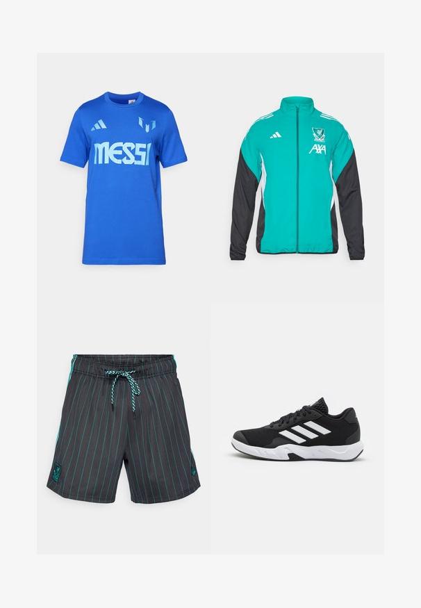 Adidase tõmblukuga jakk, millel on türkiissinine esipaneel, mustad varrukad, valged külgelemendid ning Liverpool FC logo koos AXA brändingu. ; Sinine puuvillane t-särk lühikeste varrukatega, millel on suur valge tekst "MESSI" ja peened kolmnurksetes aktsendid helesinises toonis.; Mustad must ujumispüksid, millel on teal värvilised vertikaalsed triibud, elastne tüübel ja nööridega reguleerimine. Vasakul küljel on logo nakkepatch.; Mustad mustosportlikud jalanõud, millel on tekstuuriga võrkpealne, valged aksenttriibud, pehme tallaga ja tugevdatud konts toe jaoks.