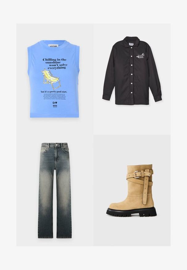 Crna jakna od glatkog materijala, s oštrim kragnom, prednjim kopčanjem na dugmad, dugim rukavima i prednjim detaljima s logotipom.; Svijetloplavi bezrukavni pamučni top s tiskanim grafikonom žutog deck seta i crnim tekstom o suncu, centrirano.; Traperice visokog struka ravnog kroja s izblijedjelim svijetlim i tamnim denima te klasičnim dizajnom s pet džepova.; Smeđi nubuk čizmice do sredine lista s crnim debelim potplatom, srebrnim remenjem koje se križa sa strane i utisnutim logom Moschino Milano blizu vrha.