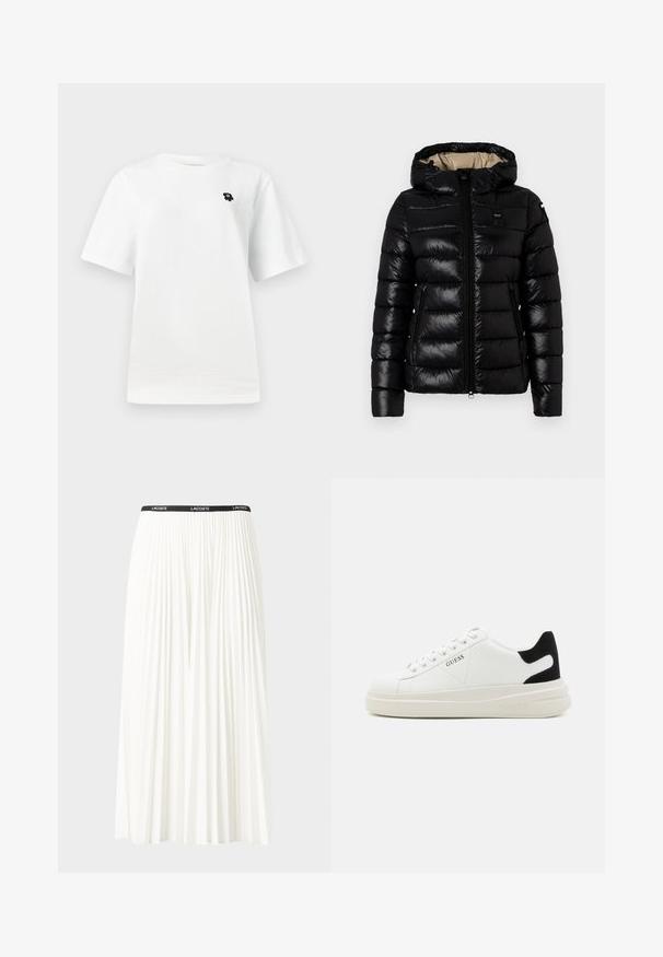 Chaqueta de plumas negra con capucha, cierre de cremallera y dos bolsillos laterales. Tejido suave y brillante con acolchado horizontal cosido.; Camiseta blanca de manga corta con un pequeño gráfico negro en el área del lado izquierdo del pecho, sobre un fondo claro y liso.; Falda blanca plisada con una cinturilla elástica negra que presenta el logotipo "LACOSTE". Diseño de longitud media con textura suave.; Zapatillas blancas de cuero con una suela blanca gruesa, acento en el talón de ante negro y logo grabado en el lateral. Diseño de cordones con seis ojales.