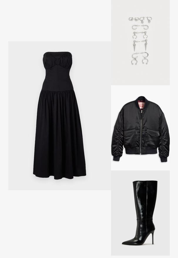 Čierna bomber bunda vyrobená z hladkého saténu s krátkym dizajnom, vybavená rebrovanými manžetami a lemom, dvoma prednými vreckami a zapínaním na zips.; Čierne dlhé šaty bez ramienok s priliehavým telom a naberanou sukňou. Vyrobené z hladkej látky, s láskyplným výstrihom a nariasenými detailmi.; Čierne kožené čižmy po kolená s špicatou špičkou a vysokým stiletto podpätkom. Hladká textúra a elegantný dizajn s minimálnymi detailmi.; Sada strieborných náušníc s rôznymi dizajnmi: kruhové, puzety a visiace štýly, s okrúhlymi akcentmi a špicatými prvkami.