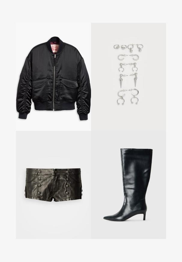 Črna bomber jakna iz gladkega satenastega materiala s skrajšano obliko, z rebrastimi manšetami in robom, dvema sprednjima žepoma ter zadrgo za zapiranje.; Črna majica s kratkimi rokavi in okroglim robom ter raglan rokavi. Na sprednji strani je okrašena z besedilom "Juicy" iz kamenčkov.; Črne usnjene kratke hlače z nizkim pasom, okrašene z okrasnimi kovinskimi gumbi spredaj in ob straneh, z sprednjimi žepi in šivskimi detajli.; Črne usnjene škornje do kolen s koničastim nosom in nizkim petam na enobarvnem svetlem ozadju.; Komplet srebrnih ušesnih uhani z različnimi oblikami: obroči, stud earrings in viseči slogi, z okroglimi poudarki in koničnimi elementi.