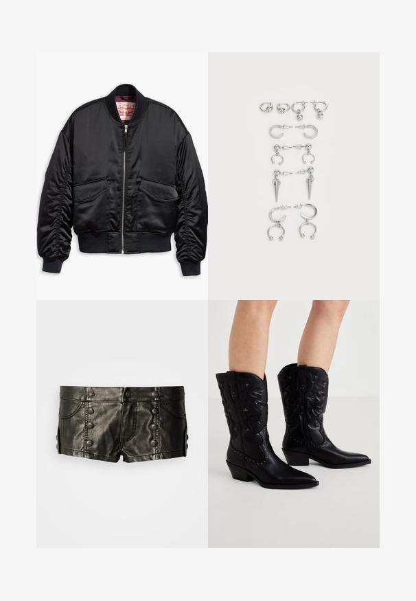 Mustast siidist siledast satiinist bomber-jakk lühendatud lõikega, millel on soonikkoes mansetid ja alumine serv, kaks eesmist taskut ning tõmblukuga kinnis.; Mustikas lühikeste varrukatega T-särk ümarate äärtega ja raglanvarrukatega. Ees on kaunistatud "Juicy" tekst sädelevate kividega.; Mustad nahast madala vöökohaga lühikesed püksid, millel esiküljel ja külgedel dekoratiivsed metallist nupud, esitaskud ja õmbluse detailsed.; Mustad mustangid mustast nahast, millel on terav nina, keerukad õmblused, nupud ja madal kokku pandud konts. Külgvöö võimaldab lihtsat selga panemist.; Hõbedaste kõrvarõngaste komplekt, mis sisaldab erinevaid stiile: rõngad, kõrvaaugud ja rippuvad mudelid, millel on kuulitaolised aktsendid ja teravad elemendid.