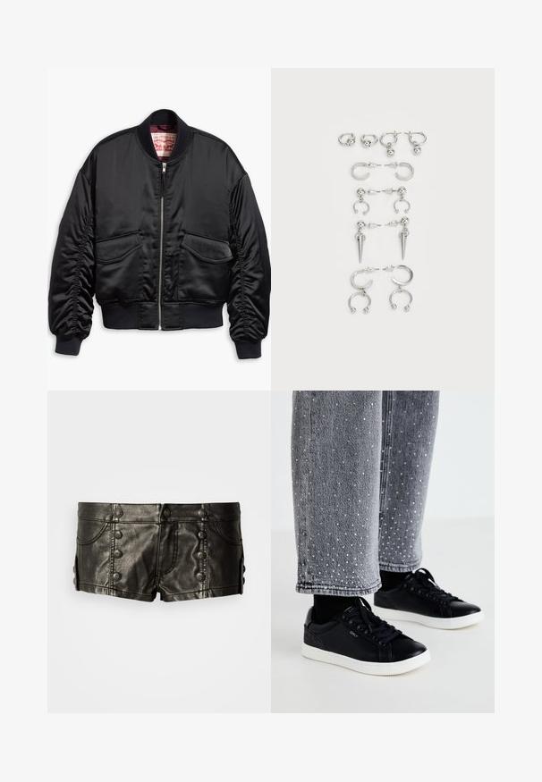 Giacca bomber nera in satin liscio con design corto, polsini e orlo a costine, due tasche frontali e chiusura con zip.; T-shirt nera a maniche corte con orlo arrotondato e maniche raglan. Presenta il testo "Juicy" decorato con strass sul davanti.; Shorts neri in pelle a vita bassa con bottoni metallici decorativi frontali e laterali, dotati di tasche anteriori e dettagli di cucitura.; Sneaker in pelle nera con suole in gomma bianca e dettagli testurizzati. Abbinati a jeans in denim grigi decorati con punti argentati embelliti.; Set di orecchini in argento con vari design: cerchi, perle e stili pendenti, con accenti a sfera e elementi appuntiti.