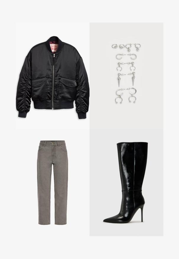 Mustast siidist siledast satiinist bomber-jakk lühendatud lõikega, millel on soonikkoes mansetid ja alumine serv, kaks eesmist taskut ning tõmblukuga kinnis.; Mustikas lühikeste varrukatega T-särk ümarate äärtega ja raglanvarrukatega. Ees on kaunistatud "Juicy" tekst sädelevate kividega.; Hallid hallad teksased, otse lõikega disainiga, varustatud nööpidega kinnitusega, vöökohaga ja kahe esikotiga. Sile tekstuur kogu ulatuses.; Mustad nahast kuni põlveni ulatuvad saapad terava ninaga ja kõrge stiletto kontsaga. Sile tekstuur ja stiilne disain, millel on minimaalne kaunistus.; Hõbedaste kõrvarõngaste komplekt, mis sisaldab erinevaid stiile: rõngad, kõrvaaugud ja rippuvad mudelid, millel on kuulitaolised aktsendid ja teravad elemendid.