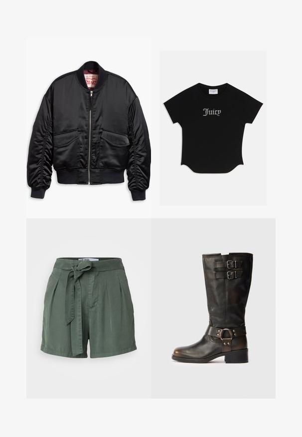Veste bomber noire en satin lisse au design raccourci, avec poignets et ourlet côtelés, deux poches avant et une fermeture à glissière.; T-shirt noir à manches courtes avec un ourlet arrondi et des manches raglan. Présente le texte "Juicy" rehaussé de strass à l'avant.; Shorts verts taille haute en tissu doux avec une ceinture nouée, un devant plissé et des poches latérales. Design ajusté avec une coupe décontractée.; Botte en cuir noir midi avec deux boucles près du haut et une sangle avec détail en anneau en métal autour de la cheville sur fond blanc.