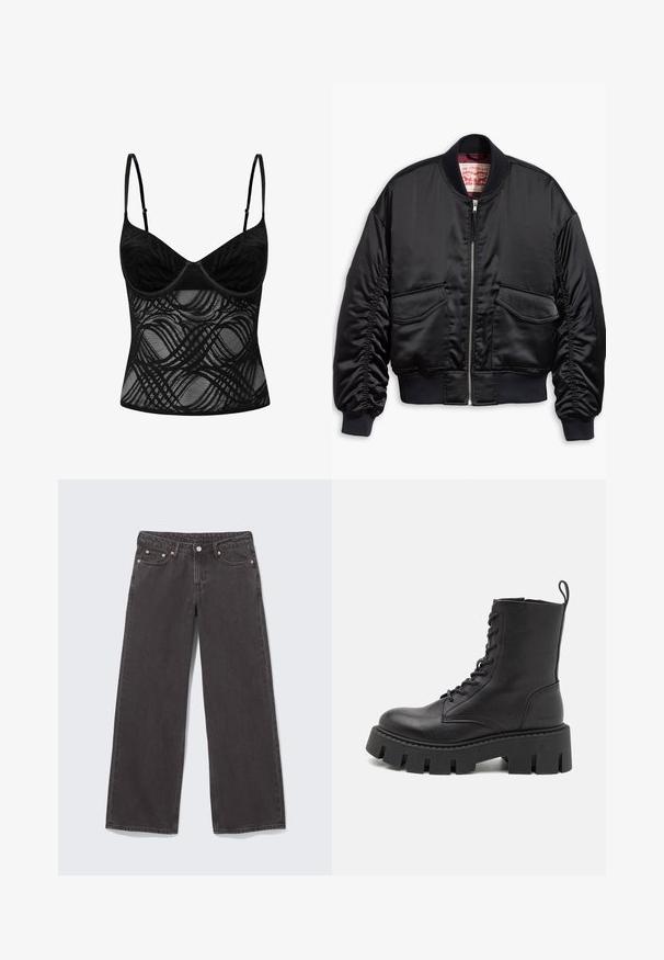Sort bomberjakke lavet af glat satin med et cropped design, med ribstrikkede manchetter og kant, to forlommer og lynlåslukning.; Sort blonde bralette med underwire-kopper, justerbare stropper og en gennemsigtig krop med bølgemønster gennem hele.; Vidbenede sorte denimjeans med kobbernitter, fem lommer og knaplukning. Blød, robust tekstur med lige snit fra talje til kant.; Sort læder ankelstøvle med snørebånd foran, tyk platformsål og løkke til at trække i; glat tekstur og subtil branding på hælen.