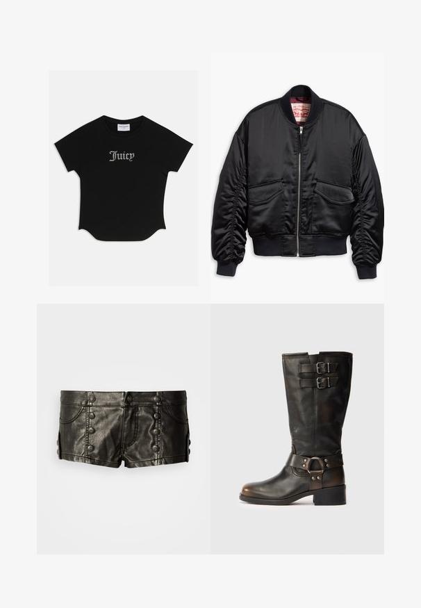 Svart bomberjacka i mjuk satin med en kort design, utrustad med ribbade muddar och fåll, två framt fickor och dragkedja.; Svart T-shirt med kort ärm, rundad nederkant och raglanärmar. Har dekorerad "Juicy"-text i rhinestones på framsidan.; Svarta lädershorts med låg midja och dekorativa metallknappar framtill och på sidorna, med framfickor och sömnadsdetaljer.; Svart läderstövel som når midjan med två spännen nära toppen och ett rem med metallringdetalj runt vristen på en vit bakgrund.