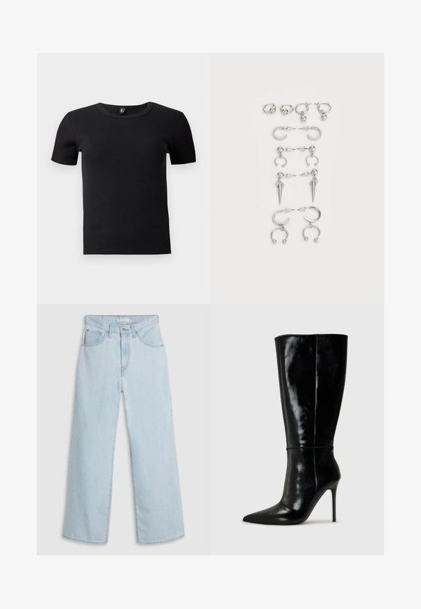 Giacca bomber nera in satin liscio con design corto, polsini e orlo a costine, due tasche frontali e chiusura con zip.; T-shirt nero a maniche corte realizzato in tessuto a coste. Presenta un classico col girocollo e una silhouette aderente. Nessun accento aggiuntivo.; Jeans di denim azzurro chiaro a gamba larga con vita alta, con chiusura a bottone e cerniera, doppie tasche anteriori e dettagli di cuciture sottili.; Stivali neri in pelle alti fino al ginocchio con punta affusolata e tacchi a stiletto alti. Texture liscia e design elegante, con decorazioni minime.; Set di orecchini in argento con vari design: cerchi, perle e stili pendenti, con accenti a sfera e elementi appuntiti.
