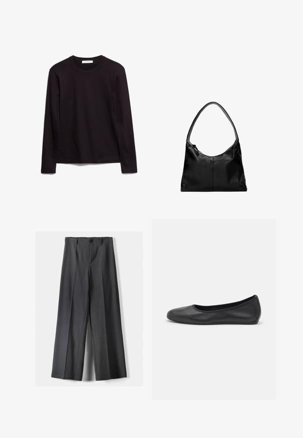 Črna bomber jakna iz gladkega satenastega materiala s skrajšano obliko, z rebrastimi manšetami in robom, dvema sprednjima žepoma ter zadrgo za zapiranje.; Črna dolgoročna majica z okroglim izrezom, izdelana iz teksturirane tkanine, z ravnim robom in šitimi detajli na ovratniku in ramenih.; Hlače širokega kroja v temno sivi tkanini, z gumbnim zapenjanjem, sprednjimi naborki in zankami za pas. Gladka tekstura s prilagojenim dizajnom.; Črne usnjene balerinke z zaobljenim nosom, gladko teksturo, minimalnimi šivi in fleksibilno zasnovo podplata.; Črna usnjena torba za ramo z gladko teksturo, ukrivljenim vrhom in enim trakom. Ima zadrgo in minimalističen dizajn.