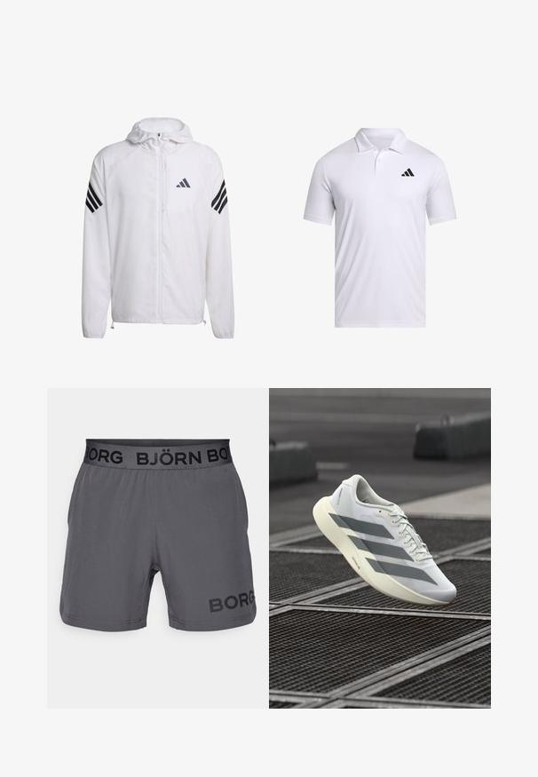 Chaqueta blanca ligera con capucha, con acentos de tres rayas negras en las mangas y un pequeño logo gris. Cierre de cremallera completa y dobladillo ajustable.; Polo blanco hecho de tela transpirable con cuello, con mangas cortas y un logo negro de Adidas en el lado izquierdo del pecho.; Shorts deportivos grises con una cinturilla elástica negra en la que está impreso "BJÖRN BORG" y "BORG" en negro en el lateral. Textura suave.; Zapato deportivo blanco con una parte superior de malla texturizada, con rayas grises y una suela acolchonada. Diseño ligero adecuado para correr.