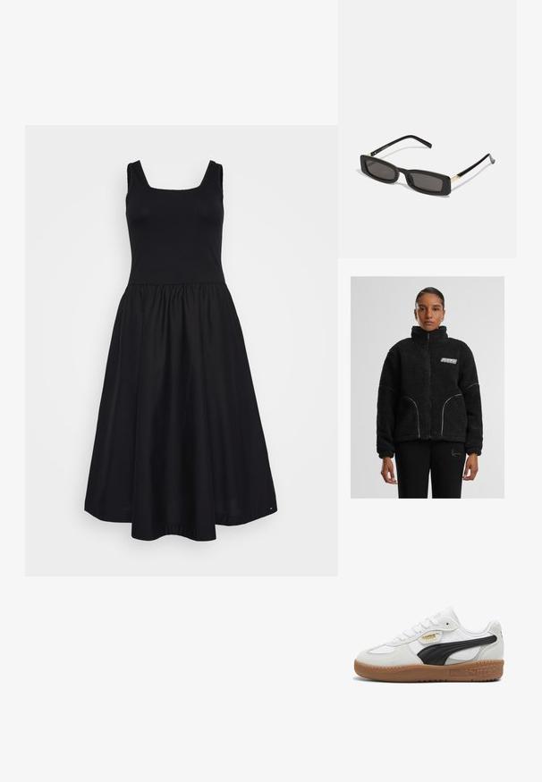 Črn umetni krzneni jopič z zadrgo in visokim ovratnikom, bele kontrastne šivane šive ter logotipom na prsih. Ima stranske žepe in sproščen kroj.; Črna obleka z usklajenim rebrastim zgornjim delom in razširjenim krilom. Ima kvadratni izrez, široke naramnice in gladko teksturo tkanine.; Bele usnjene superge z črnim semišnim pasom, gumijastim podplatom in zlatim logotipom na strani. Zavezovanje s čipkami in zaokroženim nosom.; Črne pravokotne sončne očala s temnimi lečami, sijajnim plastičnim okvirjem in zlatimi poudarki na ušesnih delu. Minimalistična zasnova in eleganten oblik.