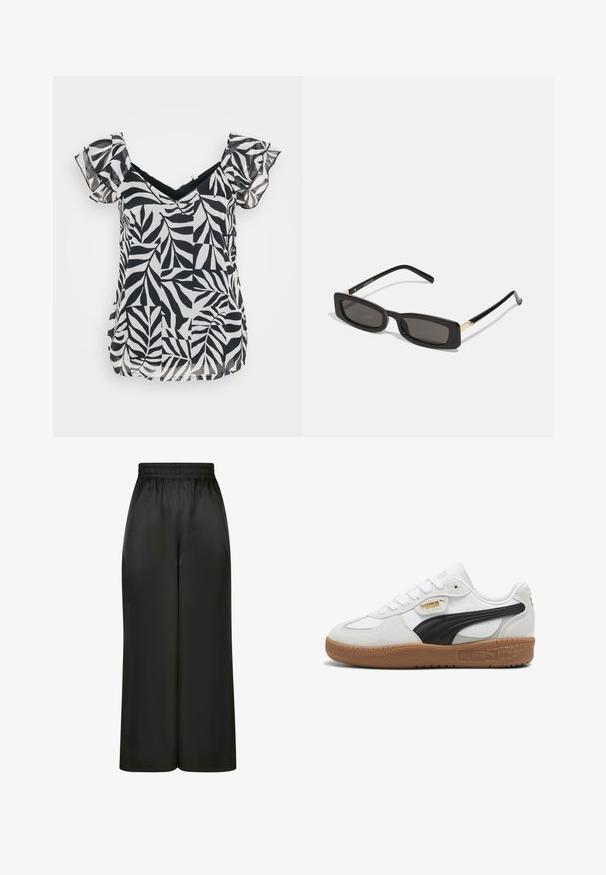 Fekete műszőrme dzseki magas gallérral, fehér kontrasztvarrással és logóval a mellkason. Oldalsó zsebekkel és laza szabással rendelkezik.; Fekete-fehér, rövid ujjú blúz V-nyakkal és fodros ujjakkal, könnyű anyagon levélmintával és laza szabással.; Fekete, bő szárú nadrág, sima, fényes anyagból, rugalmas derékrésszel, látható zsebek vagy fém részletek nélkül.; Fehér bőr sportcipők fekete velúr csíkkal, rágógumi talppal és arany logóval az oldalon. Fűzős kialakítás lekerekített orral.; Fekete téglalap alakú napszemüveg sötét lencsékkel, fényes műanyag kerettel, arany díszítéssel az temples. Minimalista design és elegáns forma.