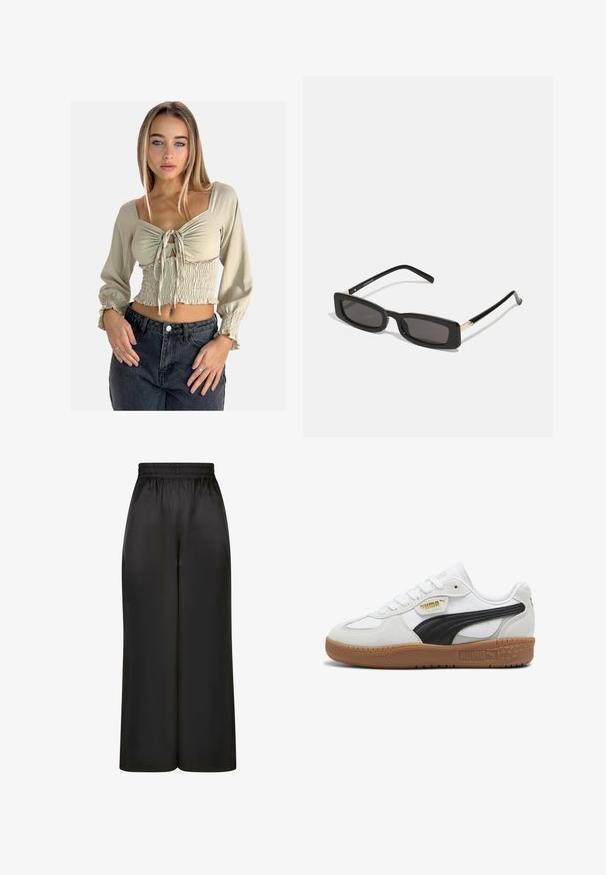 Schwarze Kunstfell-Zip-Jacke mit hohem Kragen, weißer Kontrastnaht und Logo auf der Brust. Verfügt über seitliche Taschen und eine lässige Passform.; Kurzärmliges, hellbeiges Crop-Top mit Raffung, Kordelzug vorne und gerafften Bündchen. Kombiniert mit hoch taillierten schwarzen Jeans.; Schwarze, weit geschnittene Hosen aus glattem, glänzendem Stoff mit elastischem Bund und ohne sichtbare Taschen oder Metallteile.; Weiße Ledersneaker mit einem schwarzen Wildlederstreifen, Gummisohle und goldener Markenkennung an der Seite. Schnürdesign mit runder Zehenform.; Schwarze rechteckige Sonnenbrillen mit dunklen Gläsern, glänzenden Kunststoffrahmen und goldenen Akzenten an den Bügeln. Minimalistisches Design und schlanke Form.