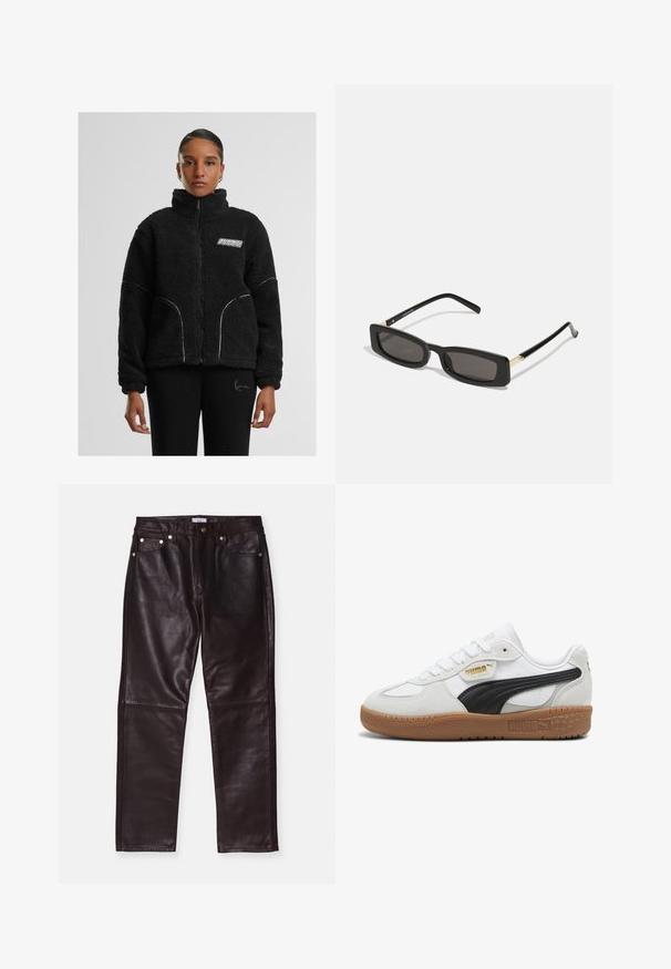 Jachetă din blană sintetică neagră, cu fermoar, guler înalt, cusături albe în contrast și logo pe piept. Prezintă buzunare laterale și o croială relaxată.; Tricou scurt, negru, din bumbac. Are mâneci scurte și un decolteu rotund. Textură netedă cu un design simplu, fără modele adiționale.; Pantaloni din piele maronie cu o textură netedă, având patru buzunare, fermoar și accente din metal. Designul este ajustat pe picior, drept.; Sneakers din piele albă cu o dungi din suede negru, talpă din cauciuc de tip gumă și branding auriu pe lateral. Design cu șireturi și vârf rotund.; Ochelari de soare rectangulari negri cu lentile întunecate, rame din plastic lucios și accente aurii pe tample. Design minimalist și formă elegantă.