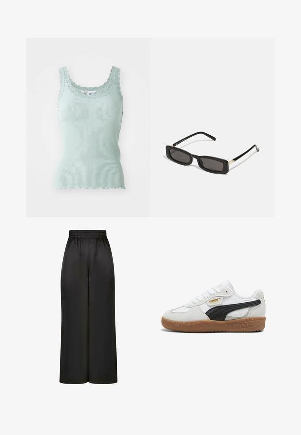 Fekete műszőrme dzseki magas gallérral, fehér kontrasztvarrással és logóval a mellkason. Oldalsó zsebekkel és laza szabással rendelkezik.; Világoskék bordázott ujjatlan felső, fodros csipke dekoltázzsal és vékony pántokkal, puha és rugalmas anyagból.; Fekete, bő szárú nadrág, sima, fényes anyagból, rugalmas derékrésszel, látható zsebek vagy fém részletek nélkül.; Fehér bőr sportcipők fekete velúr csíkkal, rágógumi talppal és arany logóval az oldalon. Fűzős kialakítás lekerekített orral.; Fekete téglalap alakú napszemüveg sötét lencsékkel, fényes műanyag kerettel, arany díszítéssel az temples. Minimalista design és elegáns forma.