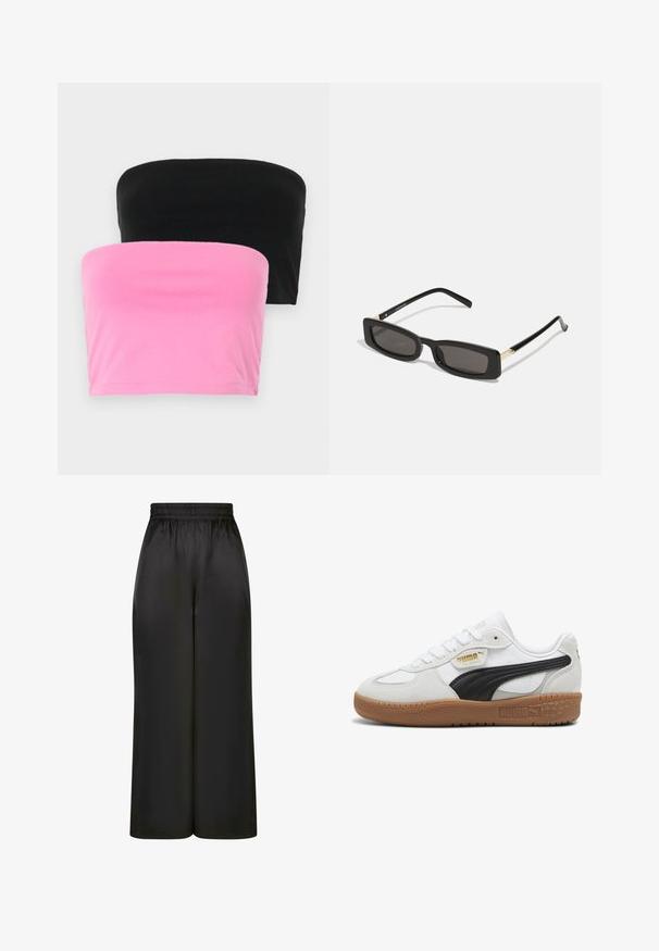 Fekete műszőrme dzseki magas gallérral, fehér kontrasztvarrással és logóval a mellkason. Oldalsó zsebekkel és laza szabással rendelkezik.; Két pánt nélküli felső, fekete és rózsaszín színben. Simogató pamutból készült, egyszerű dizájnnal, elasztikus anyaggal és rögzítőelemek nélkül.; Fekete, bő szárú nadrág, sima, fényes anyagból, rugalmas derékrésszel, látható zsebek vagy fém részletek nélkül.; Fehér bőr sportcipők fekete velúr csíkkal, rágógumi talppal és arany logóval az oldalon. Fűzős kialakítás lekerekített orral.; Fekete téglalap alakú napszemüveg sötét lencsékkel, fényes műanyag kerettel, arany díszítéssel az temples. Minimalista design és elegáns forma.