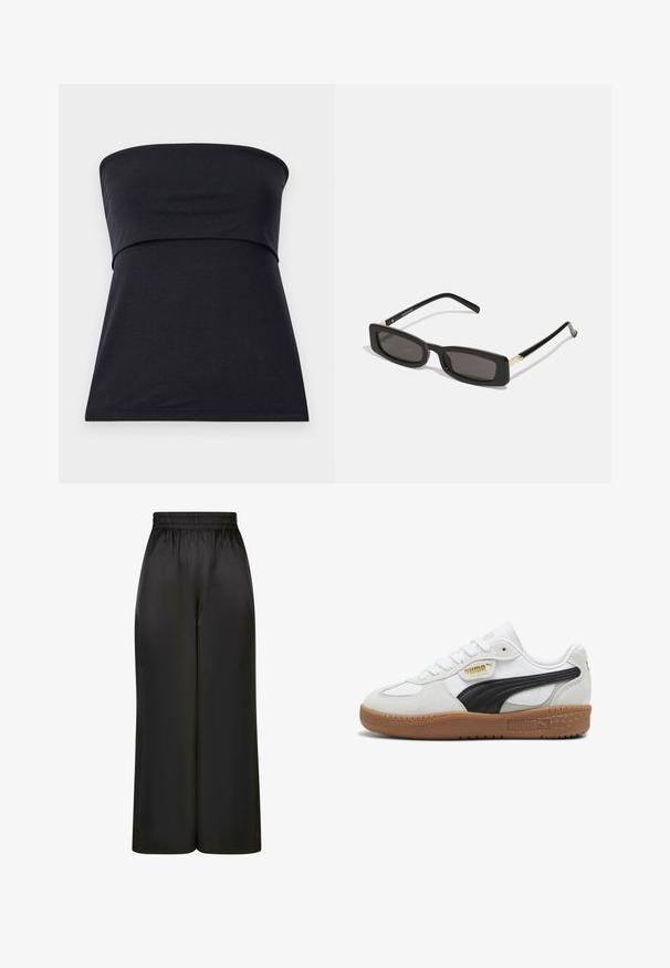 Jachetă din blană sintetică neagră, cu fermoar, guler înalt, cusături albe în contrast și logo pe piept. Prezintă buzunare laterale și o croială relaxată.; Top negru fără bretele, realizat din bumbac moale, cu un corset ajustat și o secțiune inferioară evazată. Textură netedă, fără modele vizibile sau embellishments.; Pantaloni negri cu picioare largi, fabricați dintr-un material neted și lucios, cu un elastic la talie și fără buzunare vizibile sau detalii metalice.; Sneakers din piele albă cu o dungi din suede negru, talpă din cauciuc de tip gumă și branding auriu pe lateral. Design cu șireturi și vârf rotund.; Ochelari de soare rectangulari negri cu lentile întunecate, rame din plastic lucios și accente aurii pe tample. Design minimalist și formă elegantă.