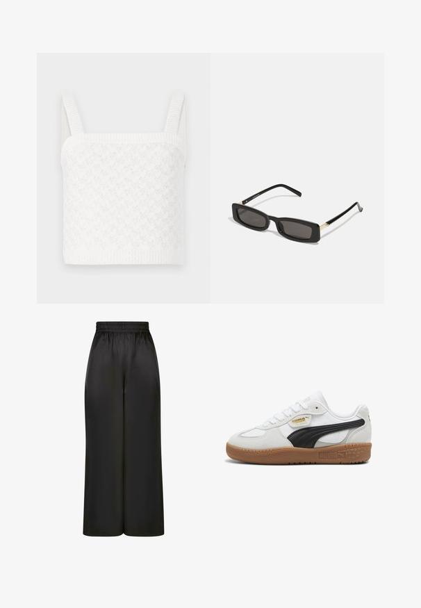 Fekete műszőrme dzseki magas gallérral, fehér kontrasztvarrással és logóval a mellkason. Oldalsó zsebekkel és laza szabással rendelkezik.; Fehér kötött cropped top négyzet alakú nyakkivágással, textúrázott mintákkal és széles bordás pántokkal. Puha anyag, enyhe fényességgel.; Fekete, bő szárú nadrág, sima, fényes anyagból, rugalmas derékrésszel, látható zsebek vagy fém részletek nélkül.; Fehér bőr sportcipők fekete velúr csíkkal, rágógumi talppal és arany logóval az oldalon. Fűzős kialakítás lekerekített orral.; Fekete téglalap alakú napszemüveg sötét lencsékkel, fényes műanyag kerettel, arany díszítéssel az temples. Minimalista design és elegáns forma.
