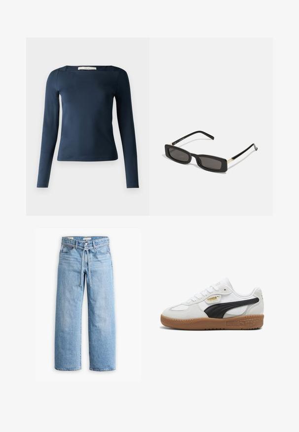 Zwarte nep-vacht ritsjack met hoge kraag, witte contraststiksels en logo op de borst. Voorzien van zijk IPV en een relaxte pasvorm.; Marineblauw longsleeve top met een vierkante halslijn, gemaakt van een gladde, rekbare stof. Heeft een getailleerde pasvorm en minimale stiksel details.; Lichtblauwe denim wijde broek met een hoge taille, knoop- en ritssluiting, en een trekkoorddetail in de taille. Afgeronde zoomafwerking.; Witte leren sneakers met een zwarte suède streep, gumrubberen zool en gouden branding aan de zijkant. Vetersluiting met een afgeronde neus.; Zwarte rechthoekige zonnebril met donkere lenzen, glanzende plastic monturen en gouden accenten op de slapen. Minimalistisch ontwerp en elegante vorm.