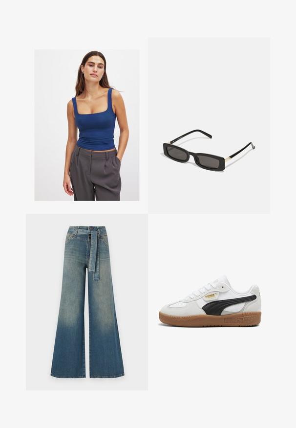 Melnā mākslīgā kažokā zip-up jaka ar augsto apkakli, baltām kontrastējošām šuvēm un logotipu uz krūtīm. Iespējo sānu kabatas un brīvu piegriezumu.; Zila ribota topa bez piedurknēm ar kvadrātveida kakla izgriezumu, pieguļoša piegrieztne, biezas plecu siksnas un savilktu tekstūru, apvienota ar pielāgotiem pelēkiem biksēm.; Platām kājām džinsu bikses ar gaismas līdz tumši zilam gradientam, augstu jostas līniju, jostas cilpām un atbilstošu auduma jostu. Tekstūrēts džinsas apdare.; Baltas ādas sneakeris ar melnu zamšādas svītru, gumijas zoli un zelta zīmolu sānos. Saites dizains ar noapaļotu purngalu.; Melnas taisnstūra saulesbrilles ar tumšiem objektīviem, spīdīgām plastikāta rāmēm un zelta akcentiem tempļos. Minimalistisks dizains un eleganta forma.