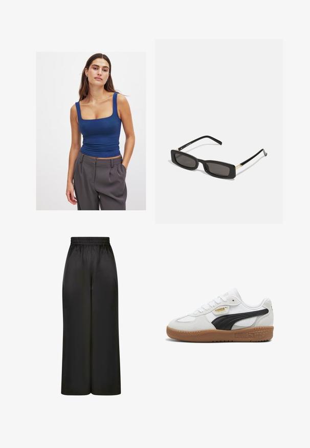 Must musta tõmbluku ja kõrge kraega, must faux fliisjakke, millel on valge kontrastõmblemine ja logo rinnal. Omab küljetaskuid ja lõdva istuvusega.; Sinine kortsunäoga tank-top ruudukujulise kaelusega, ülikitsas disain, paksud õlatribid ja kortsus tekstuur, kombineeritud kohandatud hallide pükstega.; Mustad laiad püksid, mis on valmistatud siledast, läikivast kangast, millel on elastne vöökoht ja ilma nähtavate taskute või riistvara detailideta.; Valged nahast tossud musta sametist triibuga, kummikummist tallaga ja kuldse brändimisega külgedel. Sidumisdisain ümarate varvastega.; Mustad ristkülikukujulised prillid tumedate läätsedega, läikivad plastraamid ja kuldsed aktsendid templites. Minimalistlik disain ja voolujooneline kuju.