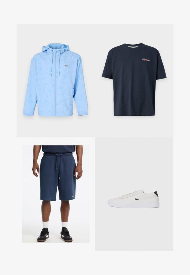 Lacoste Kerge jope - light bleu; Tumesinine puuvillane t-särk lühikeste varrukatega. Ees on väike punase ja valge värvi tikand "GUESS JEANS" logo. Ümmargune kaelus, tavaline lõige.; Tumedat sinised puuvillased lühikesed püksid, millel on elastne vöökoht, nöör, küljetaskud ja "GUESS" logo ees ääres.; Valge nahast tenniseking ümara ninaga, lukkude ja musta kontsa aktsendiga. Külgedel on väike broderi krokodilli logo.
