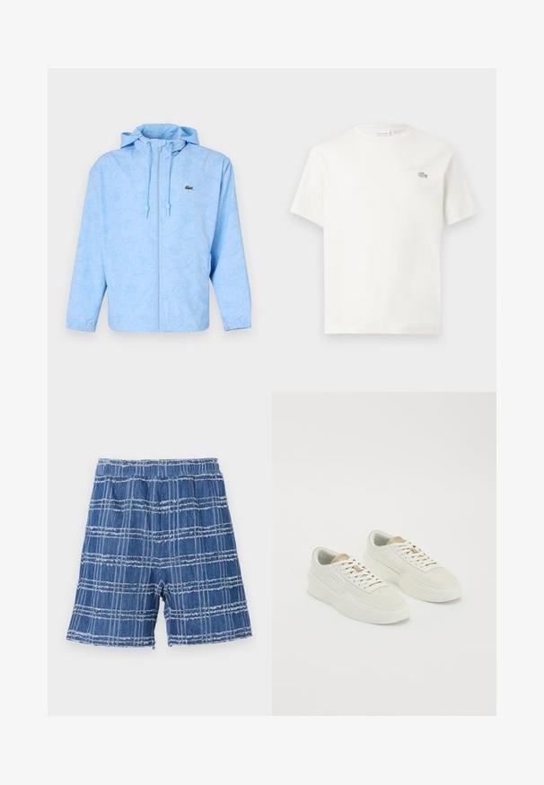Lacoste Jas - light bleu; Witte katoenen t-shirt met korte mouwen, voorzien van een subtiel geborduurd logo en een minimalistisch ontwerp. Zachte textuur, ronde hals.; Denim shorts met een rafelig zoom, met een blauw geruit patroon. Elastische tailleband, recht модел en zachte textuur.; Een paar off-white lage sneakers met beige accenten, dikke zolen en witte veters op een effen witte achtergrond.