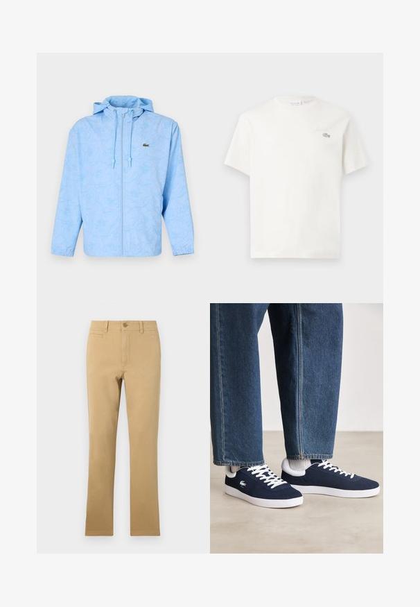 Lacoste Lahka jakna - light bleu; Bela bombažna majica s kratkimi rokavi, ki ima subtilno vezeno logo in minimalističen dizajn. Mehka tekstura, okrogla izreza vratu.; Khaki barve ravne hlače iz bombaža, ki imajo gumbasto zapiranje, sprednje žepke in gladko teksturo.; Modri platneni športniki z belimi vezalkami in gumijastimi podplati, prikazani z jeans hlačami in sivimi rebrastimi nogavicami, na svetlo sivi površini.