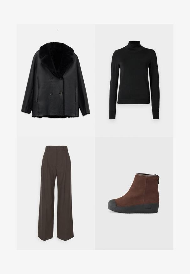Zwarte leren dubbelzijdig jasje met een bontkraag, met een textuurafwerking, twee voorzakken en zwarte knopen.; Zwarte trui met lange mouwen en col, voorzien van geribde manchetten en zoom, weergegeven op een effen witte achtergrond.; Donkerbruine wijde broek met een hoge taille, voorzien van strak geplooide plooien, een zachte textuur en een op maat gemaakte pasvorm.; Bruine suède enkellaars met een ronde neus, een gestructureerde zwarte rubberen zool en een zijrits. Subtile branding op de hak en nabij de rits.