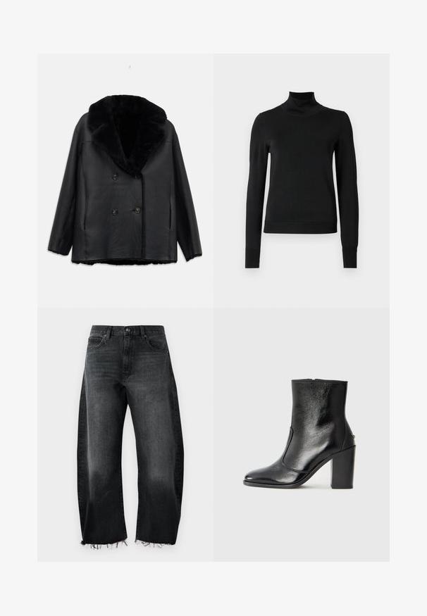 Juodas odinis dvigubo užsegimo paltas su kailiniu apykakle, turintis tekstūruotą paviršių, du priekiniai kišeniai ir juodi mygtukai.; Juoda ilgomis rankovėmis turtleneko tipo megztinis su rebruotomis rankovėmis ir apačia, eksponuojamas ant paprasto balto fono.; Juodi džinsai su plačiais džinsais, nugrimzdusiu hemu, penkiomis kišenėmis ir subtiliu blukimu; pagaminti iš tvirtos medvilnės medžiagos.; Juodas odinis kulkšninis batas su lygiu paviršiumi, smailiu pirštu ir masyviu aukštu kulnu. Savybė - šoninis atidarymas ir minimalistiškas dizainas.