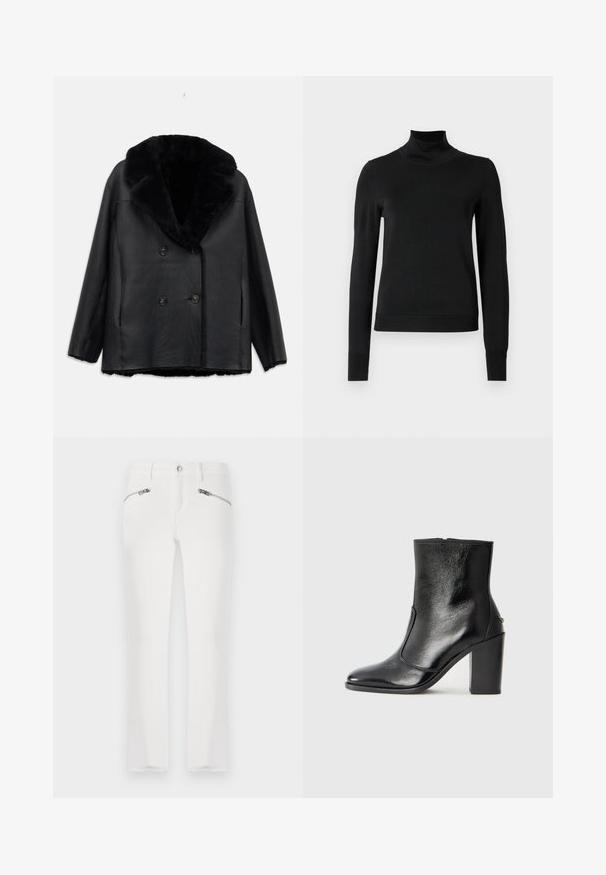Mustast nahast topeltnuppudega mantel, millel on karvane krae, tekstureeritud pind, kaks eesmist taskut ja mustad nupud.; Mustmusterta mustaga pikkade varrukatega kõrge kaelusega sviiter, millel on ribakudumisega mansetid ja äär, esitatud lihtsal valgel taustal.; Valged kitsaste lõigetega teksad, millel on kaks lukuga taskut ees, tavaline vöökoht ja kergelt kulunud ääred. Valmistatud denimpangast.; Must kõvale nahast pahklipsu saapad, millel on sile tekstuur, terav varvas ja paks kõrge kann. Omab külgavatust ja minimalistlikku disaini.
