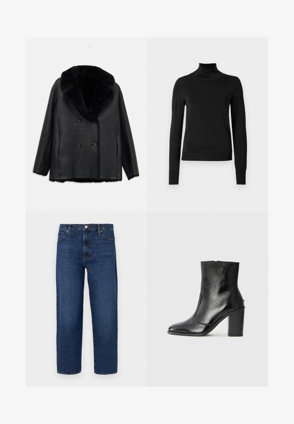 Mustast nahast topeltnuppudega mantel, millel on karvane krae, tekstureeritud pind, kaks eesmist taskut ja mustad nupud.; Mustmusterta mustaga pikkade varrukatega kõrge kaelusega sviiter, millel on ribakudumisega mansetid ja äär, esitatud lihtsal valgel taustal.; Tumed sinised teksad, lõdva lõikega, sirgete jalgadega, viie-taskuga kujundus, esine nööpkinni ja peened õmbluse detailid.; Must kõvale nahast pahklipsu saapad, millel on sile tekstuur, terav varvas ja paks kõrge kann. Omab külgavatust ja minimalistlikku disaini.