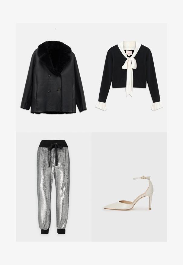 Zwarte leren dubbelzijdig jasje met een bontkraag, met een textuurafwerking, twee voorzakken en zwarte knopen.; Zwarte lange mouwen cropped trui met een bevestigde witte kraag, een strik aan de voorkant en witte gerimpelde manchetten op de mouwen.; Zilveren sequined jogger broek met een zwarte elastische tailleband, koordjes en zwarte boorden bij de enkels voor een tapered fit.; Witte leren hoge hak schoen met een spitse neus, enkelbandje en een slanke stiletto hiel. Gladde textuur met een subtiele glanzende afwerking.