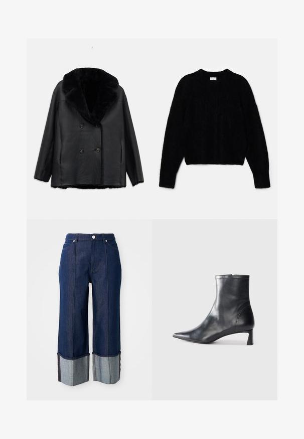 Black leather double-breasted coat with a fur collar, featuring a textured finish, two front pockets, and black buttons.; Black cropped sweater made of fluffy material. Features a round neckline and long sleeves with a soft texture. Minimal design, no patterns.; Dark blue wide-leg jeans with folded cuffs showing lighter denim inside, front button, and pockets on a white background.; Black leather ankle boot with a pointed toe and a sleek design. Features a low heel and a zipper closure at the back. Smooth texture.