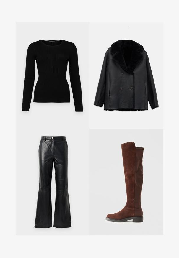 Cappotto doppiopetto in pelle nera con colletto di pelliccia, caratterizzato da una finitura texturizzata, due tasche frontali e bottoni neri.; Maglione nero a coste con maniche lunghe, colletto a giro e silhouette aderente, realizzato in materiale morbido e con un motivo testurizzato.; Pantaloni in ecopelle neri con vita alta, chiusura con bottone, passanti per cintura e gambe svasate su uno sfondo bianco.; Stivale alto in suede marrone e tessuto con tacco nero basso e punta arrotondata, mostrato in vista laterale su sfondo bianco puro.