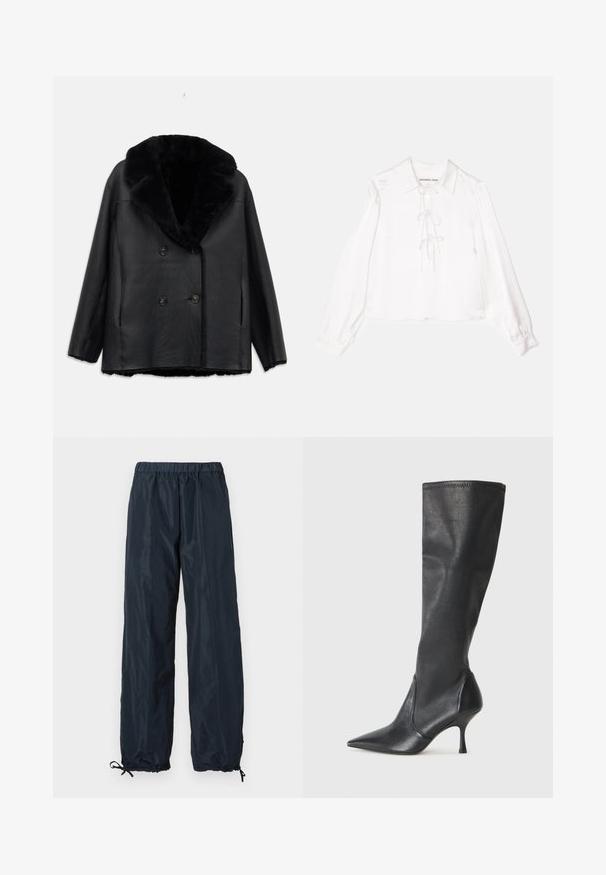 Black leather double-breasted coat with a fur collar, featuring a textured finish, two front pockets, and black buttons.; White long-sleeve blouse with a collared neckline, featuring a central lace-up detail, made from smooth fabric. Cuffs are elasticized.; Navy windbreaker pants with an elastic waistband, adjustable cuffs, and a smooth, lightweight material. Full-length design with no pockets.; Knee-high black leather boots with a pointed toe and a slim stiletto heel. Smooth texture with a fitted design and stitching at the top edge.