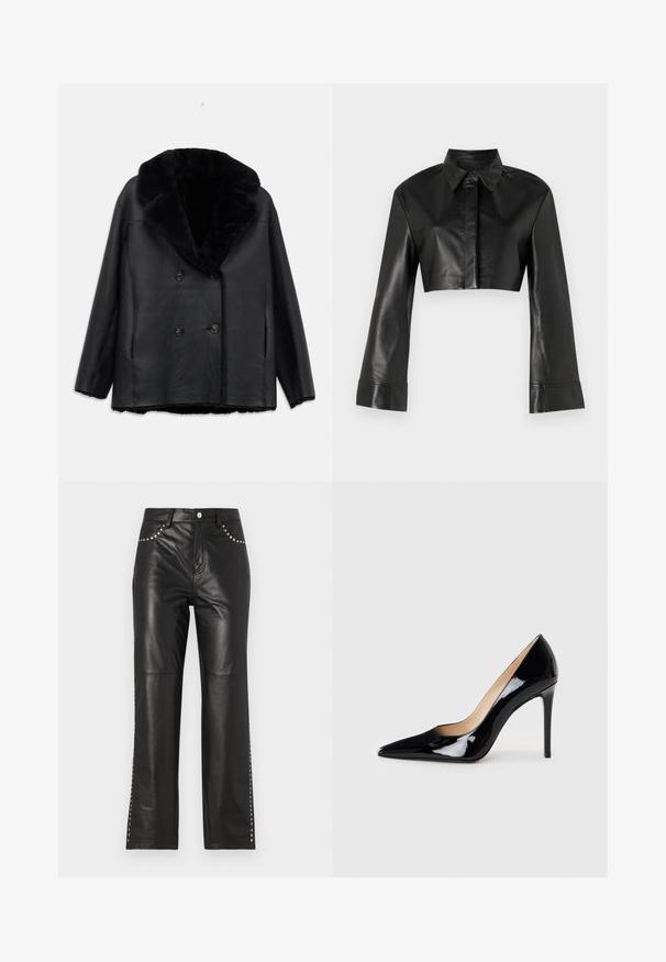 Juodas odinis dvigubo užsegimo paltas su kailiniu apykakle, turintis tekstūruotą paviršių, du priekiniai kišeniai ir juodi mygtukai.; Juodas trumpas odinis švarkas su apykakle ir ilgomis išsiplėtusiomis rankovėmis. Yra priekinis mygtukų užsegimas ir glotnus, blizgus paviršius.; Juodos odinės kelnes su tiesiomis kojomis, kurios turi metalinius ilginius akcentus aplink kišenes ir šonus, kad būtų pridėta detalių.; Juodas lakinės odos aukštakulnis batelis su smailiu priekiu ir elegantiška siluetu. Pasižymi lygiu, blizgiu paviršiumi ir siauru stiletto kulnu.