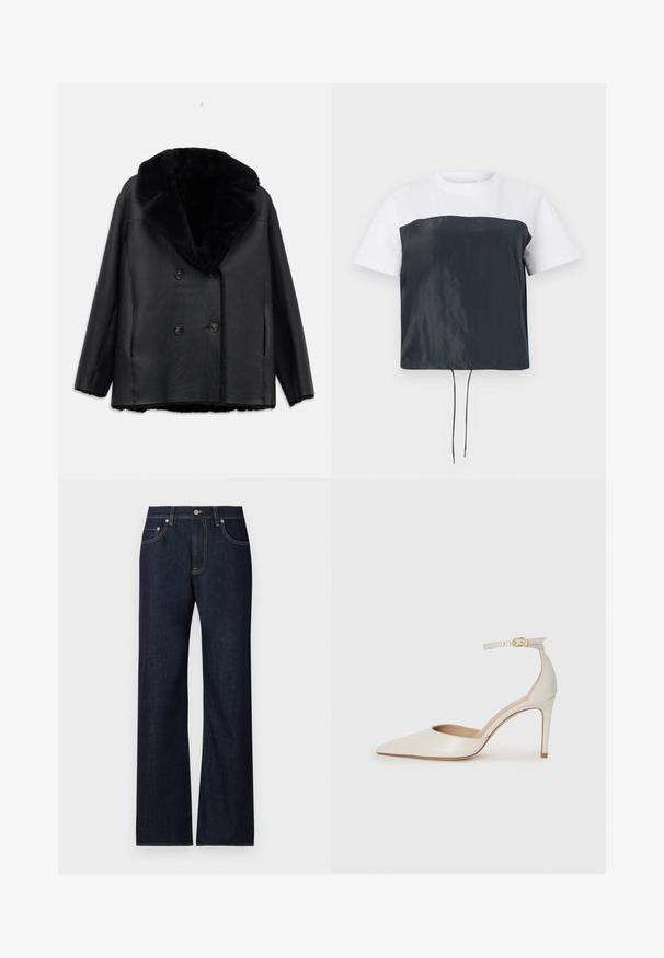 Abrigo de cuero negro de corte doble con cuello de piel, con un acabado texturizado, dos bolsillos frontales y botones negros.; Camiseta corta de manga corta con parte superior de algodón blanca y parte inferior de poliéster gris oscuro y brillante, con un dobladillo ajustable con cordón.; Jeans de mezclilla azul oscuro con un diseño de pierna recta, que cuentan con cinco bolsillos, costuras amarillas contrastantes y un cierre de botón de metal.; Zapato de tacón alto de cuero blanco con punta afilada, correa en el tobillo y un delgado tacón de aguja. Textura lisa con un sutil acabado brillante.